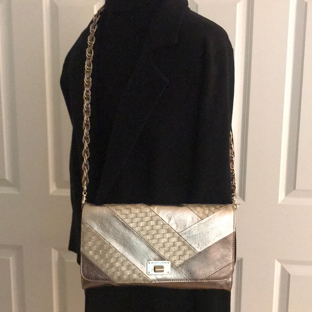 Elliott Lucca Gold & Bronze Leather Patchwork Handbag Purse Clutch Cha…